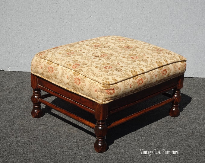 Vintage French Country Tufted Bench Ottoman Footstool w Floral Fabric