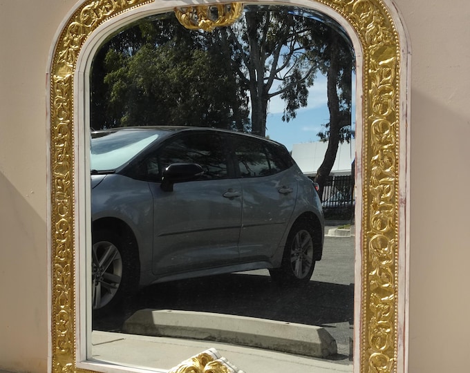 Antique French Louis XVI Baroque Style Solid Wood Gold & White Rustic Mirror