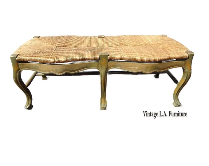 Vintage French Country Green Rush Bench