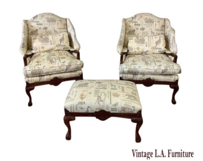 Pair Taylor King French Country Wingback Chairs & Ottoman Tommy Bahama Style