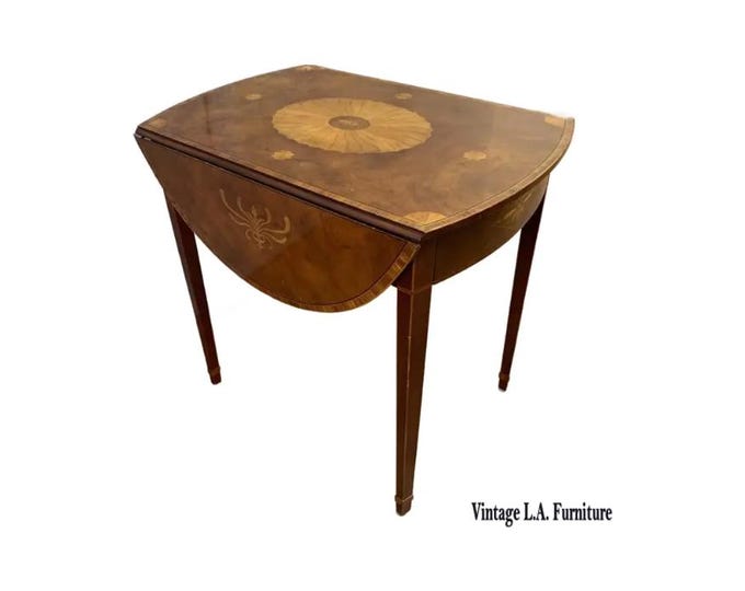 Vintage Baker Furniture Pembroke Drop Leaf Side Table w Inlay Design One Drawer