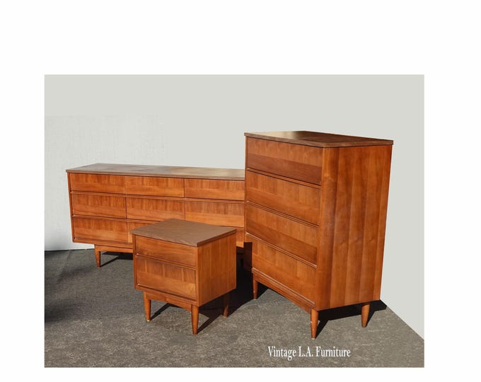 Vintage Mid Century Modern Dresser, Tallboy Dresser & Nightstand Bedroom Furn