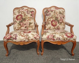 Pair of Vintage French Provincial Louis XVI Style White Floral Accent Chairs w Cushions