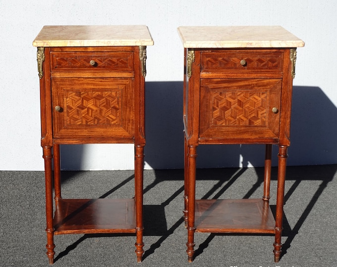 Pair Antique French Louis XVI Brass & Marble Ormolu Nightstands w Veneer Inlay