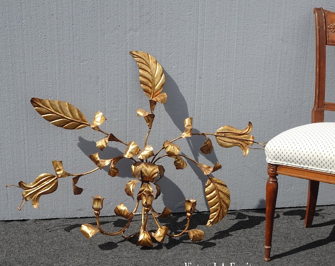 Vintage Hollywood Regency Gold Metal Leaf Wall Decor Candelabra
