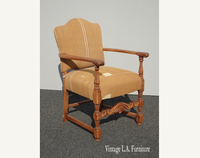 Designer Vintage French Country Farmhouse Chic Custom Upholstered Burlap Linen Side Chair