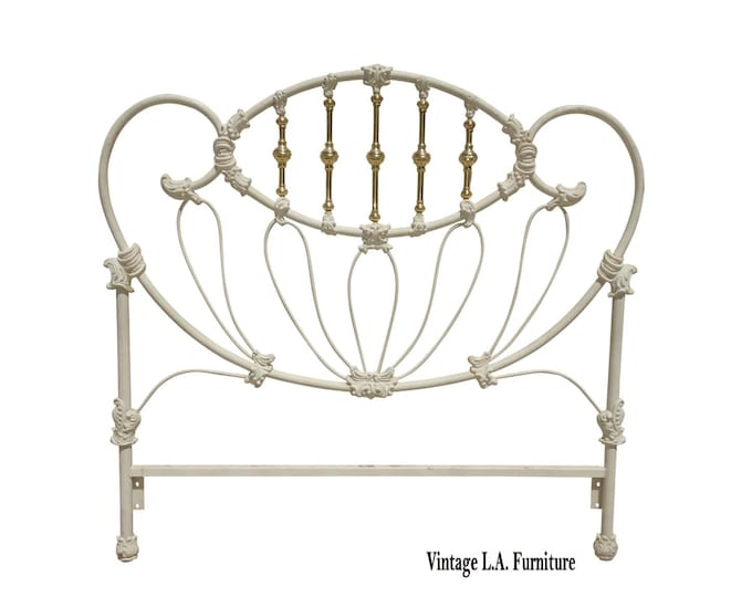 Vintage Elliott's Design White Enamaled Iron & Brass Full/Queen Headboard