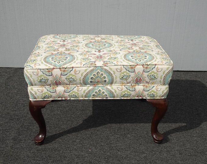 Vintage French Country Blue & Green Paisley Print Ottoman Bench