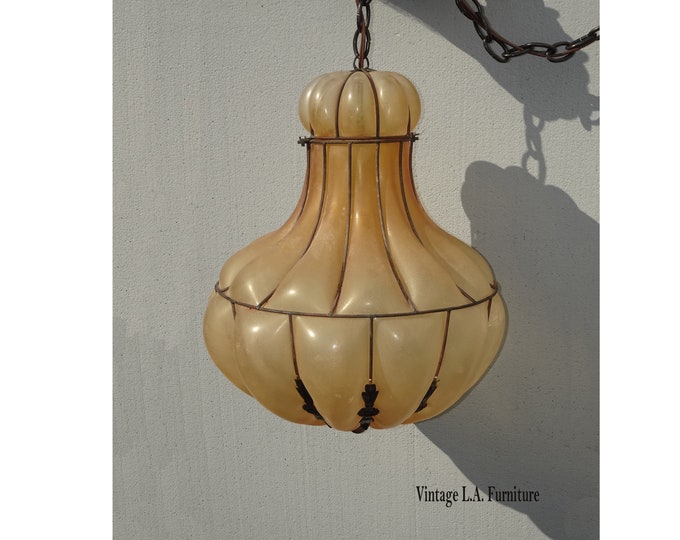 Mid Century Seguso Murano Style Cage Pendant Light Hand Blown Hanging Light 2/2