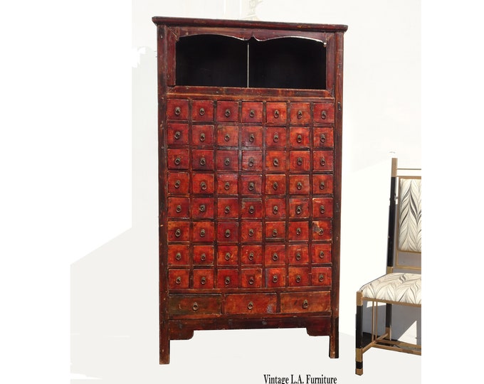 19th Century Asian Chinese Red Apothecary Cabinet w 59 Drawers 79" Tall