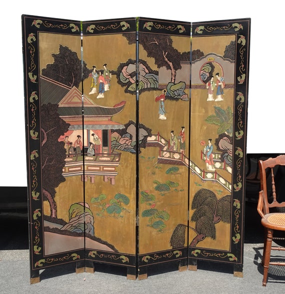 屏風　大型　89✕59cm　インテリア　置物　アンティーク　和室 Vintage Oriental Asian Gold Coromandel Four Panel Screen Room