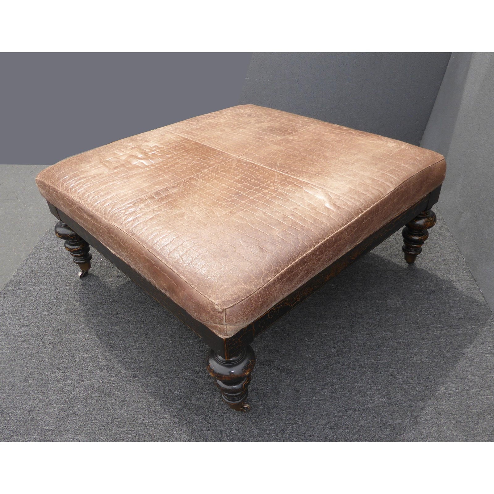 Vintage Sam Moore Brown Leather Carved Wood Ottoman on Castors