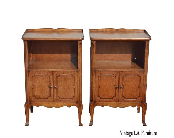 Pair of Antique French Louis XVI Brown Nightstands w Brass Hardware