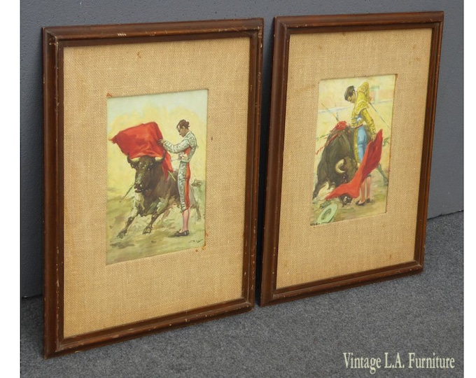 Pair Vintage Spanish Bullfighters Watercolor Signed Paintings Picture by J. Reus