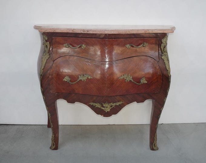 Vintage French Louis VXI Marquetry Commode Bombe Side Table W Marble and Ormolu