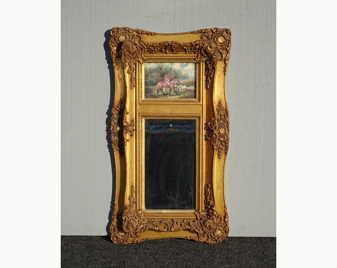 Vintage French Provincial Rococo Gold Wall Mirror Picture  w Trumeau Horse Riding Signed G Wright