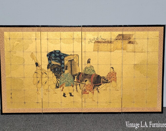 Vtg Oriental Asian Japanese Gold Four Panel Screen w Soldiers Carriage Asis
