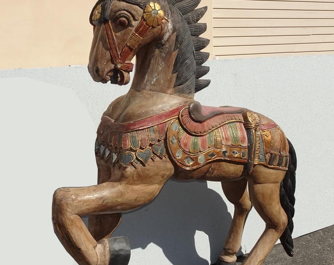 Life Size 69" Tall Rare Antique Wood Carousel Galloping Horse