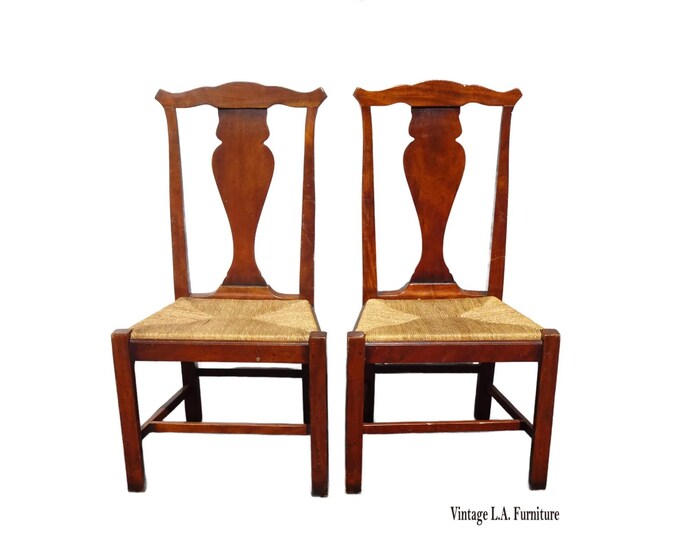 Pair of Vintage French Country Brown Rush Seats Side Chairs