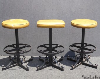 Set of Three Vintage Spanish Style Orange Iron Bar Stools Mid Century Modern