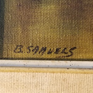 May include: Close-up of a signature on a canvas painting. The signature reads "E.T.M. Wells".