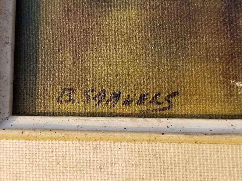 May include: Close-up of a signature on a canvas painting. The signature reads "E.T.M. Wells".
