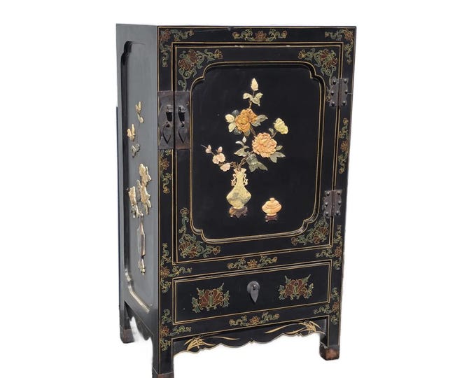 Vintage Chinese Asian Black Lacquer Chinoiserie Cabinet Storage Side Table #1of2