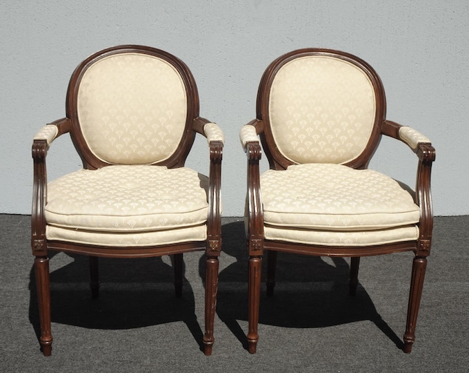 Pair Vintage French Louis Fauteuil Round Back White Chairs