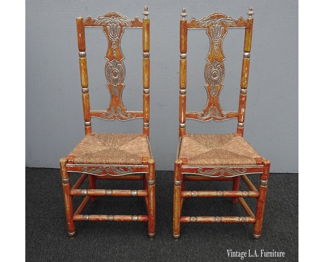 Pair of Vintage French Country Rush Side Chairs w Ornate Silver Highlights Asis