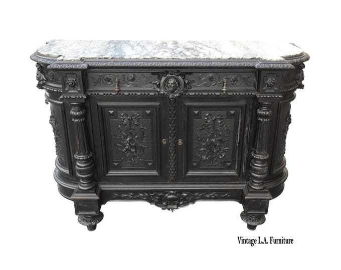 Antique French Renaissance Ebonized Baroque Marble Sideboard Buffet France 2of2