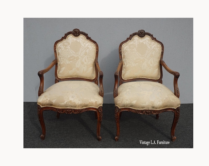 Pair French Bergere Louis XVI Cream Side Chairs w Ornate Wood Frames