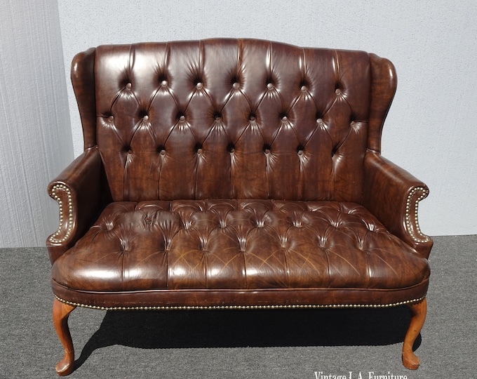Vintage French Country Brown Tufted Chesterfield Settee Loveseat Decorativ Nails