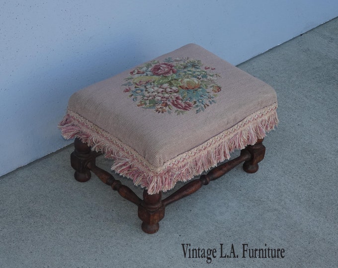 Vintage French Provincial Pink Floral Tapestry Footstool w Fringe