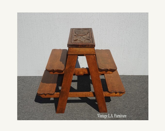 Vintage French Country Oak Five Tier Carved Display Plant Stand