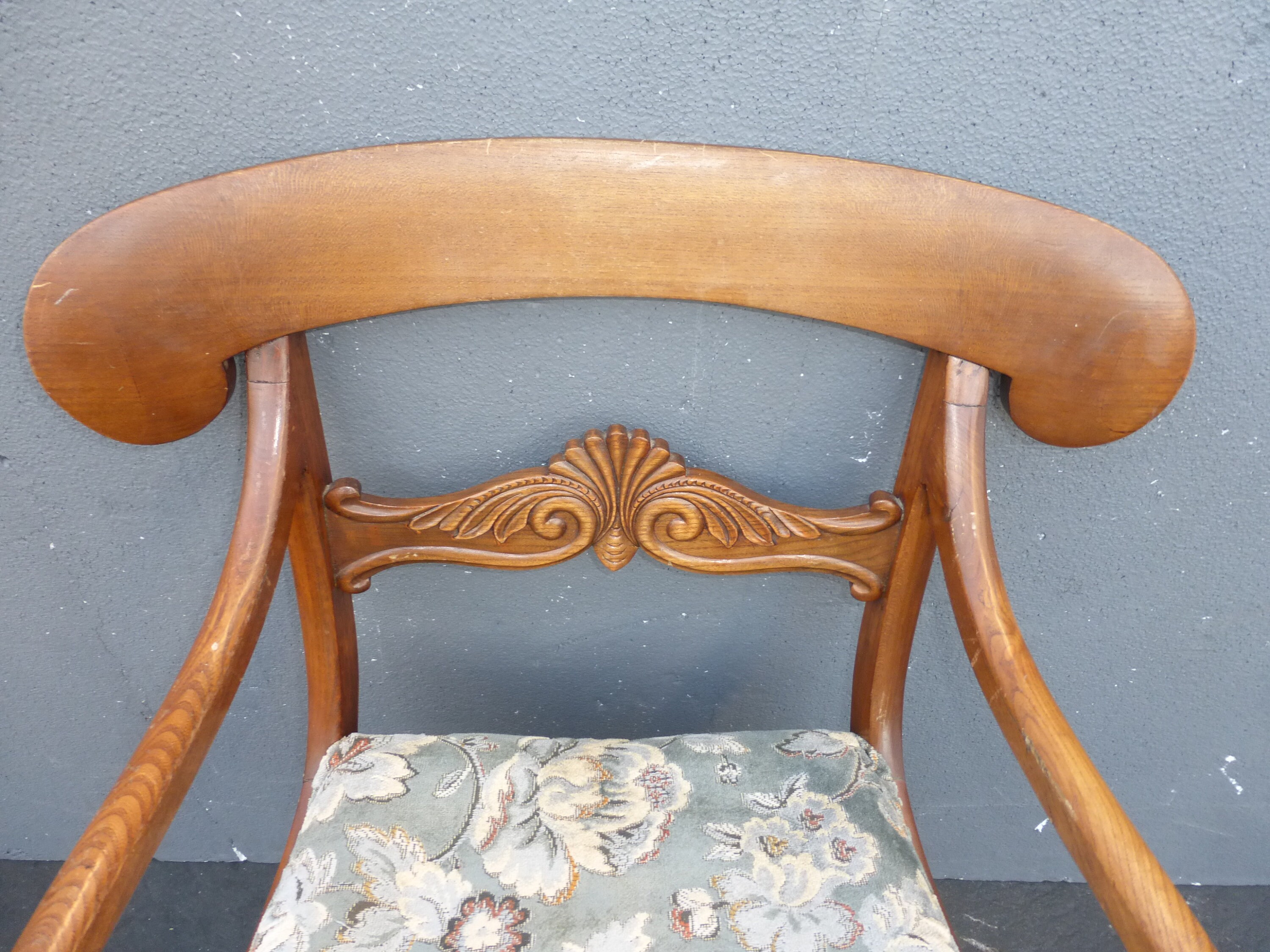 Vintage French Country Carved Wood Accent Chair Unique Scrolled Hand rests