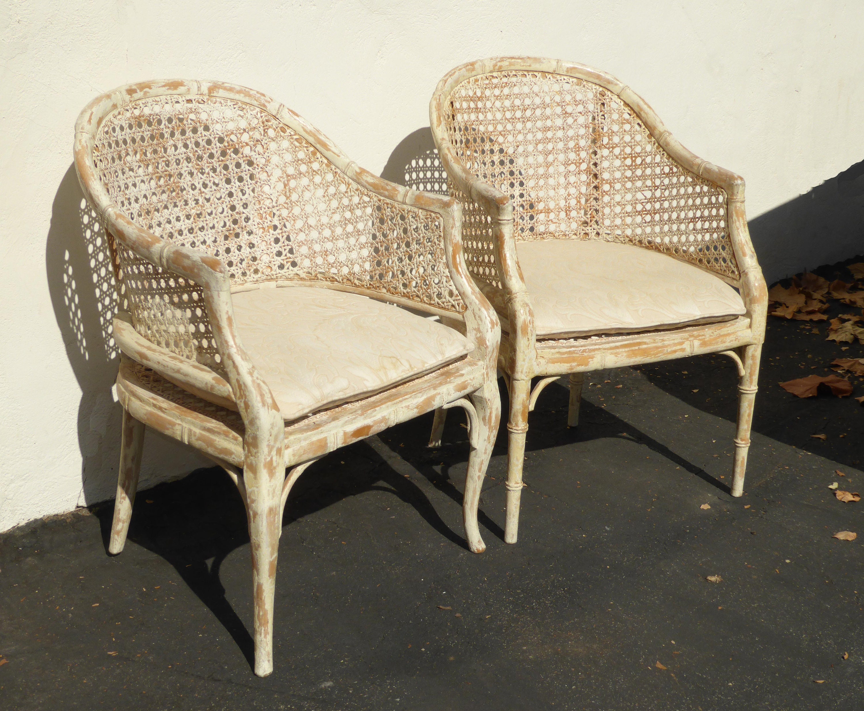 Pair of Vintage French Country off White Cane Back Accent Club Chairs