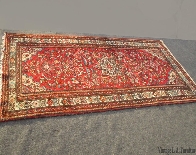 Vintage Red Floral Wool Hand Knotted Area Rug - 3′1″ × 6′1″
