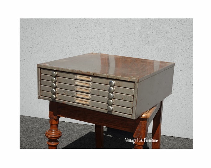 Vintage Mid Century Modern Steel Table Top Flat File Cabinet w Five Drawers