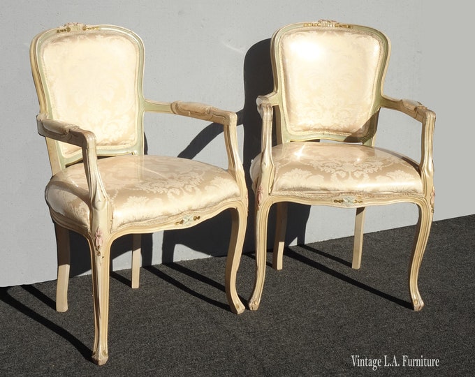 Pair Vintage French Provincial Accent Bergere Chairs White Fabric Cabriole Legs