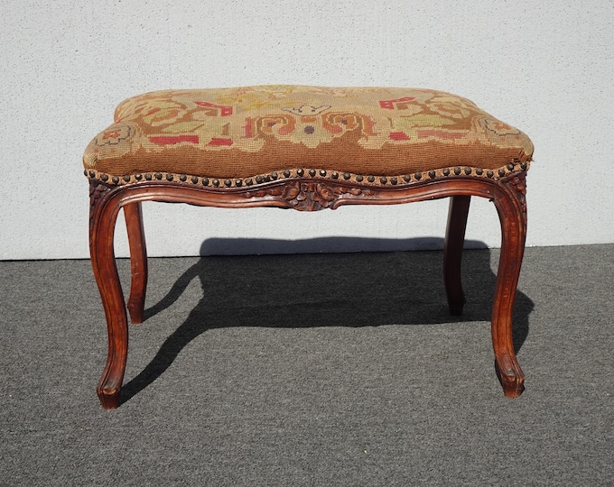Antique French Style Carved Wood Needlepoint Tapestry Bench