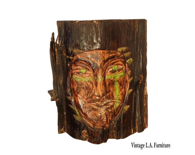 Vintage Hand Carved Face on a Wooden Log ~ Decorative Decor