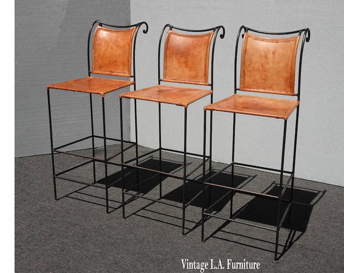 Set Three Vintage Spanish Brown Leather Bar Stools Barstools Wrought Iron