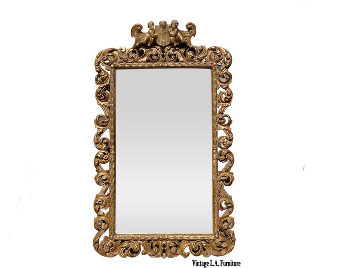 Vintage 76" Tall Gold Wall Mantle Mirror Louis XVI Rococo Antiqued Mirror w Cherub Angel