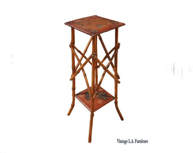 Vintage Chinese Asian Bamboo Side Table Plant Stand Red Chinoiserie Top