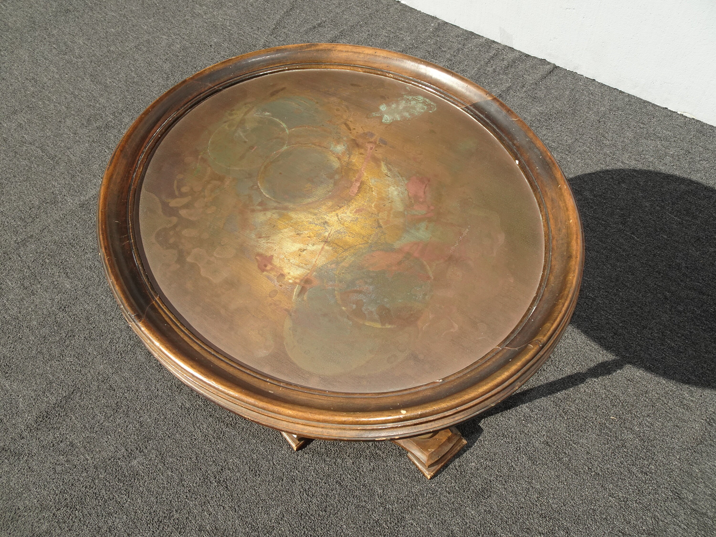 Vintage French Country Oval Side Table w Aged Copper Table Top and