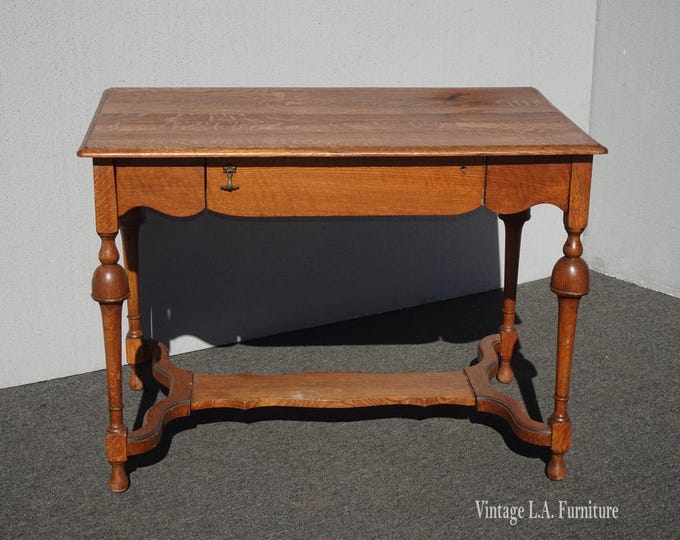Antique French Country Farmhouse Chic Oak Writing Desk One Drawer