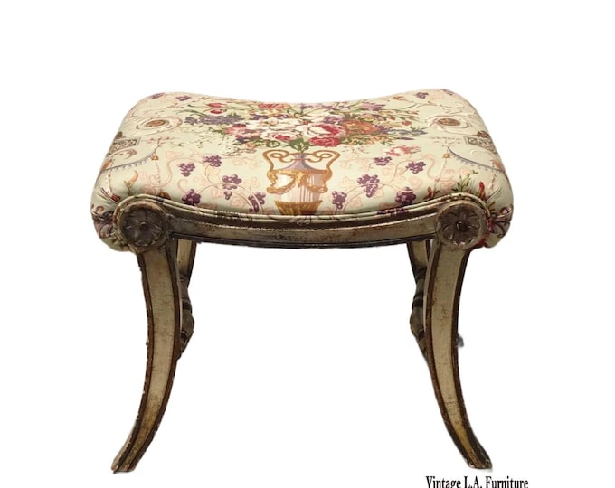 Vintage French Country Floral Bench w Silver Gilt Base 2of2