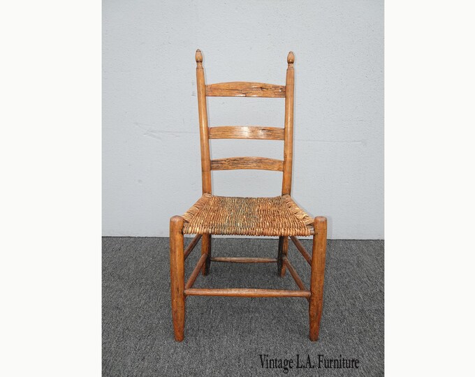Vintage French Country Rustic Farmhouse Chic Gold Brown Rush Oak Side Chair Asis
