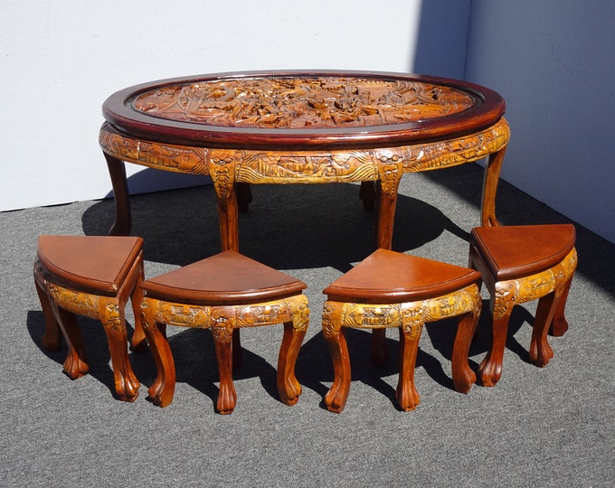 Vintage Chinese Asian Ornately Carved Golden Brown Coffee Table w Four Stools