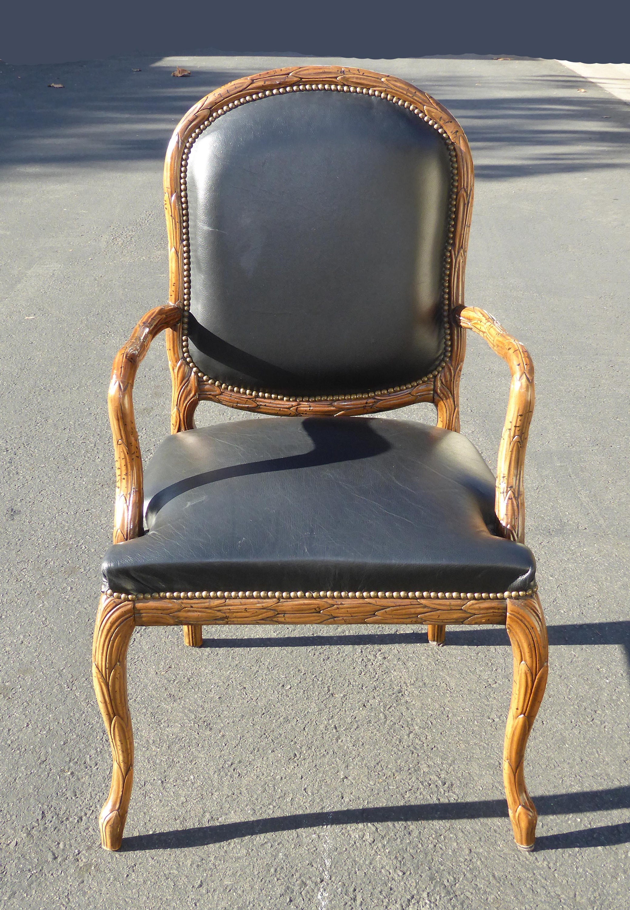 French Provincial Leather Ornately Carved Wood Black Leather Arm Chair